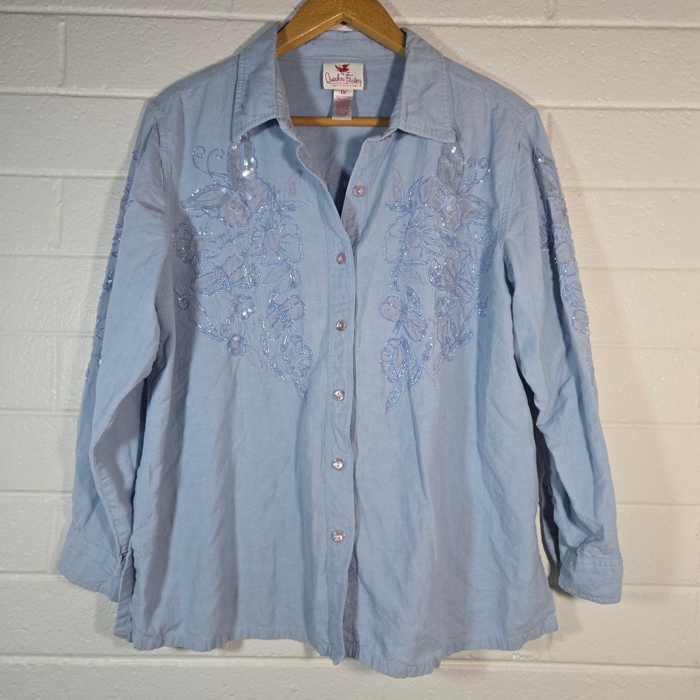 Vtg Quacker‎ Factory Button Shirt 1X Embroidered Novelty Butterfly Floral Beaded
